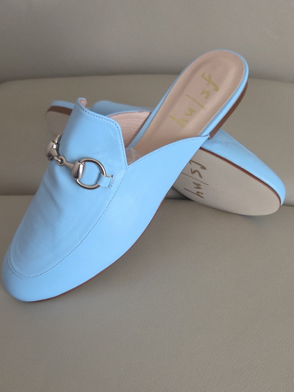 Light Blue Leather Slip-On Mules with Horsebit Accent